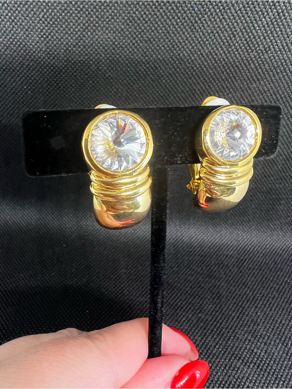 Gold-Tone Clip-On Earrings with Large Clear Crystal/ Vintage 80-90 New Old Stock